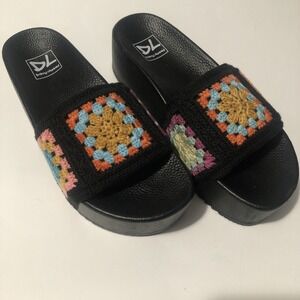 Granny square Black Indie Floral Crochet Boho Platform Slides Sandals Festival 8